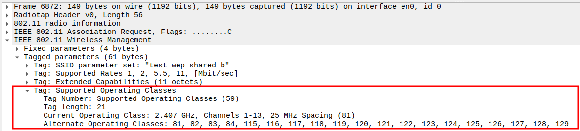 Supported Operating Classes in Association Request