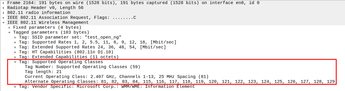 Supported Operating Classes in Association Request