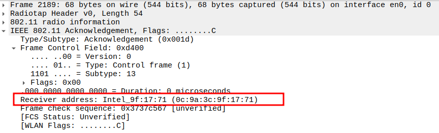 Receiver address of ACK after Association Response