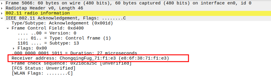 ACK Receiver Address after ICMP Echo Request