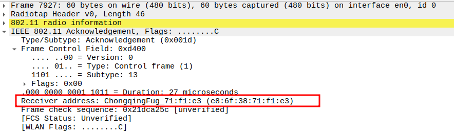 ACK Receiver Address after ICMP Echo Request