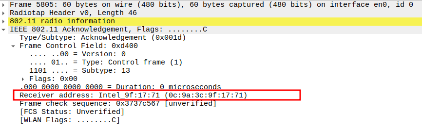 ACK Receiver Address after ICMP Echo Reply
